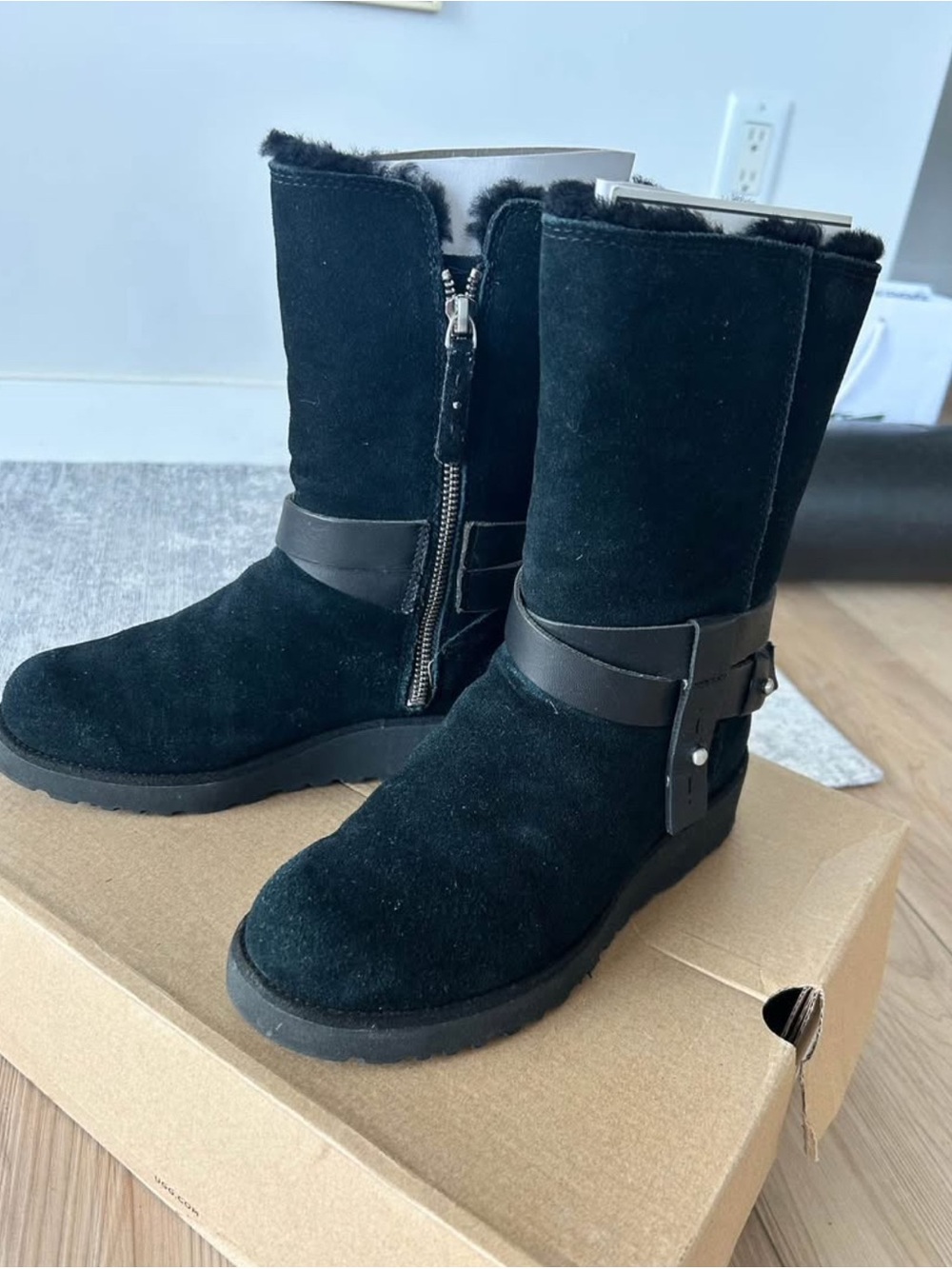 UGG Black Suede Mid-Calf Boot with Shearling Trim